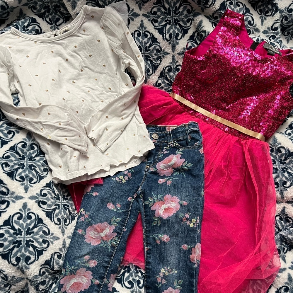 Oshkosh Long Sleeve Shirt Little Girls Sz 5/6 Pink Dress Roses Denim Jean Lot